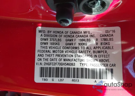 2016 Honda Civic Ex из США, поврежденный, VIN 2HGFC2F70GH546063